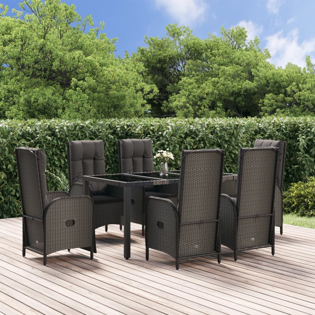 Vidaxl 7 Piece Patio Dining Set With Cushions Black Poly Rattan