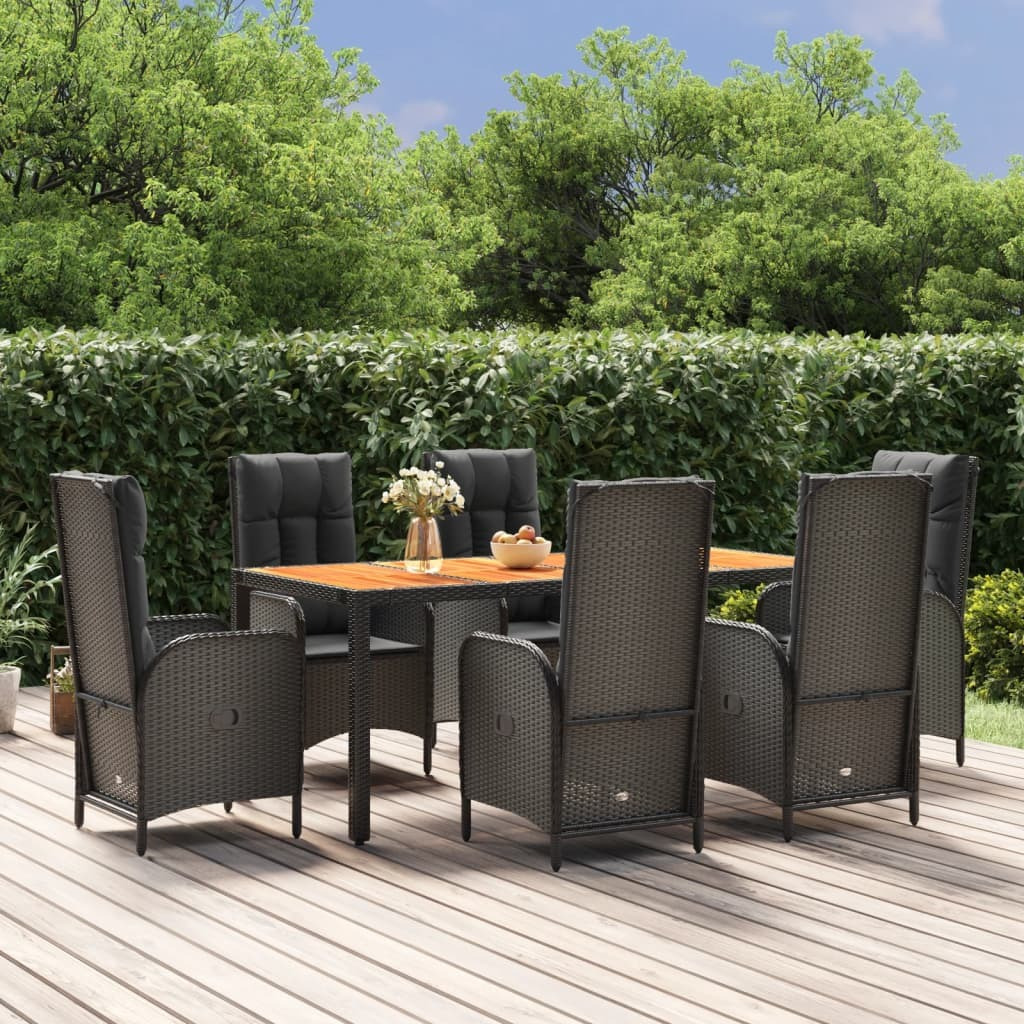 Vidaxl 7 Piece Patio Dining Set With Cushions Black Poly Rattan