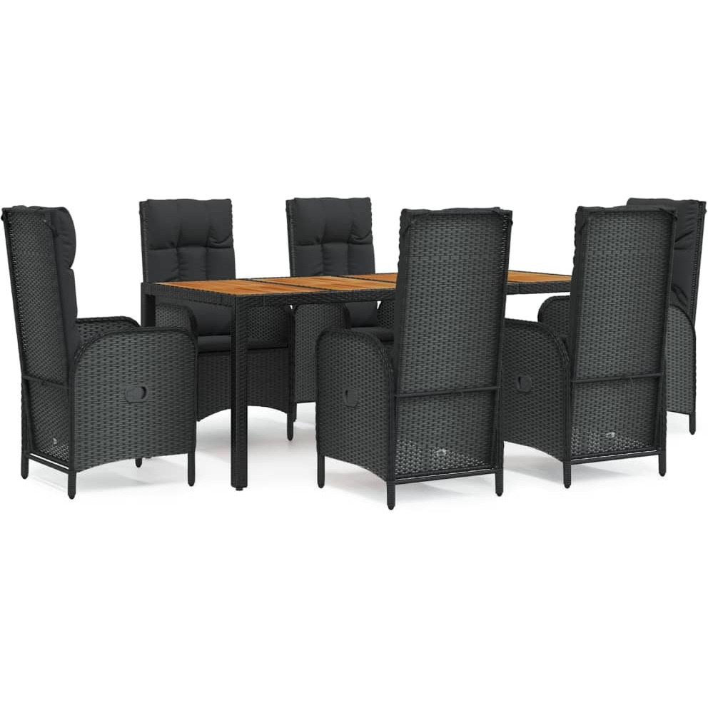 Vidaxl 7 Piece Patio Dining Set With Cushions Black Poly Rattan