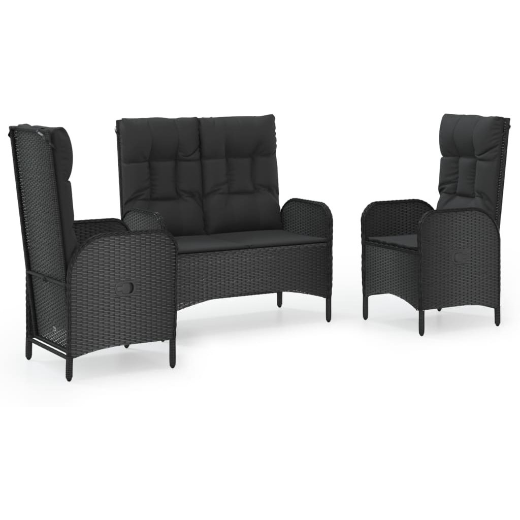Vidaxl 3 Piece Patio Dining Set With Cushions Black Poly Rattan