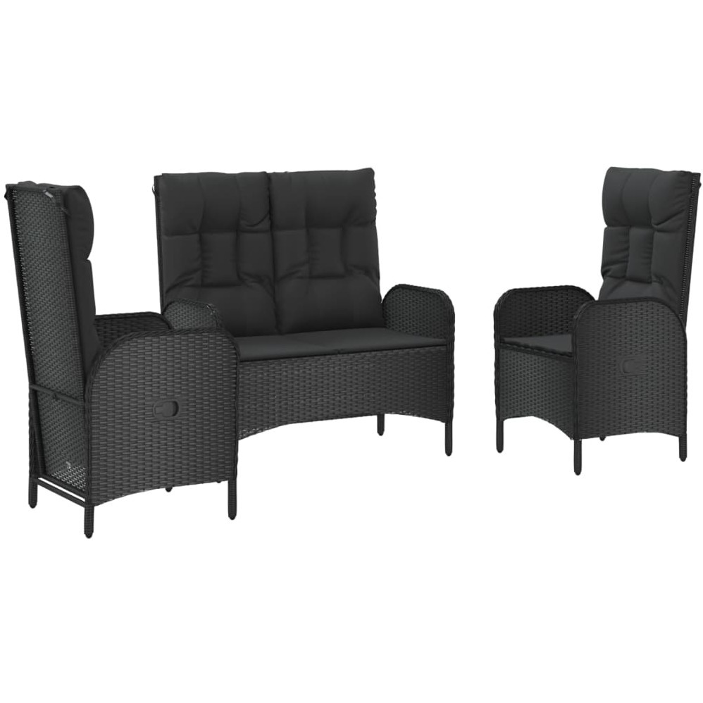 Vidaxl 3 Piece Patio Dining Set With Cushions Black Poly Rattan