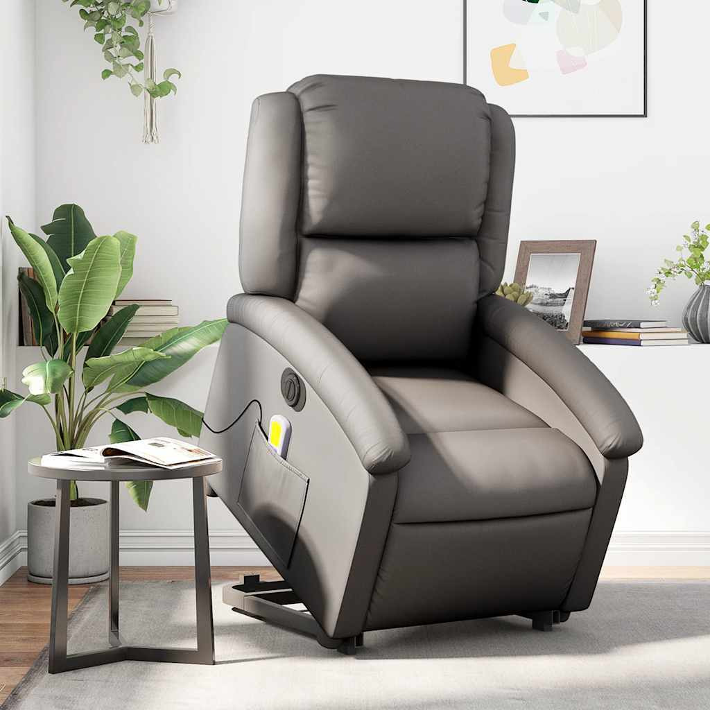 Vidaxl Electric Stand Up Massage Recliner Chair Gray Real Leather