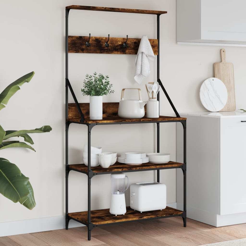 Vidaxl Baker's Rack With Hooks 4-Tier Smoked Oak Engineered Wood