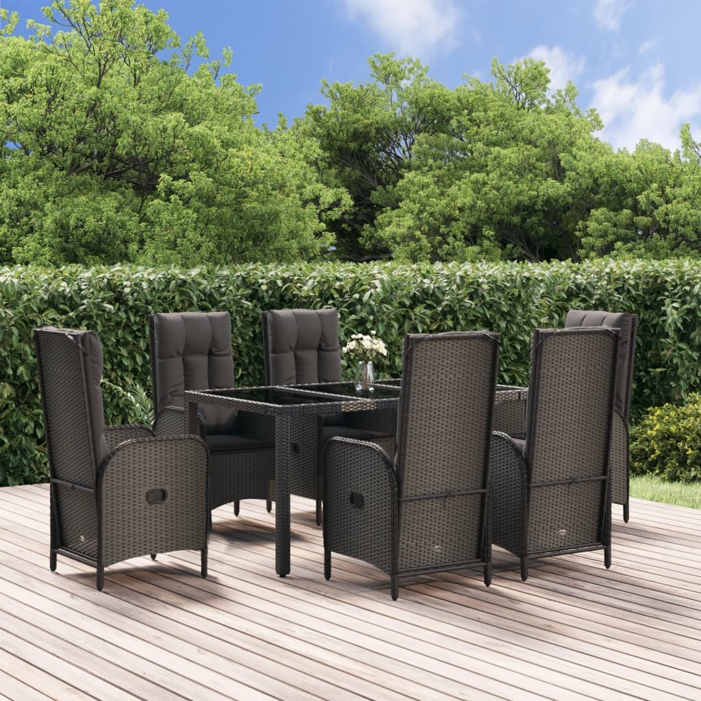 Vidaxl 7 Piece Patio Dining Set With Cushions Black And Gray Poly Rattan
