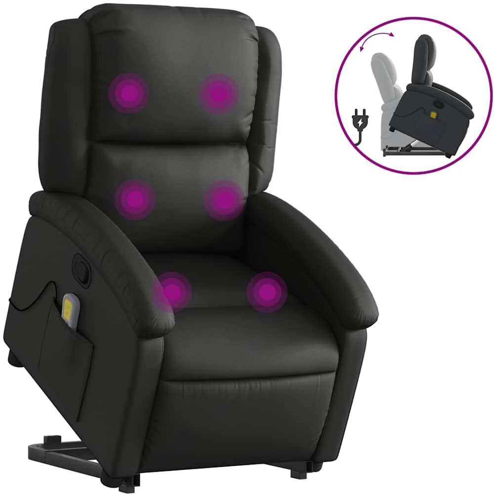 Vidaxl Stand Up Massage Recliner Chair Black Real Leather
