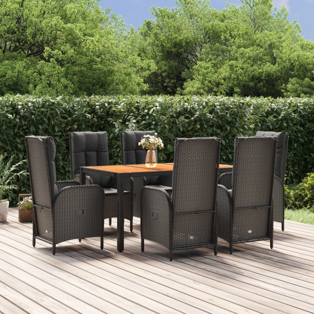 Vidaxl 7 Piece Patio Dining Set With Cushions Black Poly Rattan