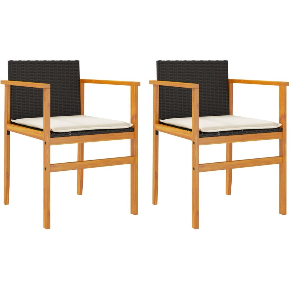 Vidaxl Patio Chairs With Cushions 2 Pcs Black Poly Rattan&Solid Wood