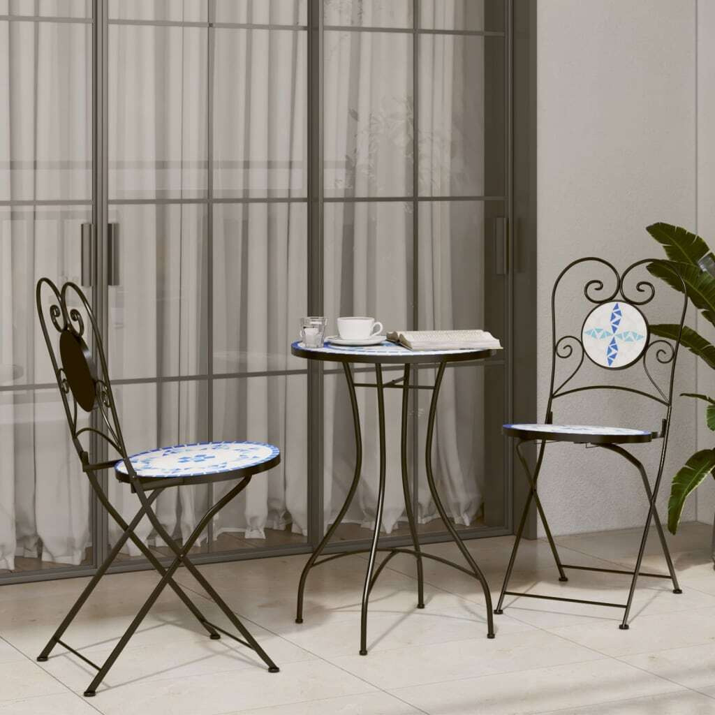 Vidaxl Mosaic Bistro Set Blue And White Iron And Ceramic