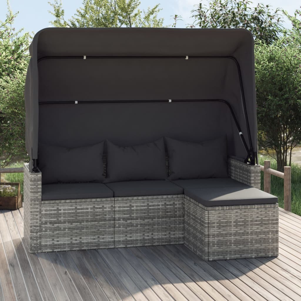 Vidaxl 3-Seater Patio Sofa With Roof And Footstool Gray Poly Rattan
