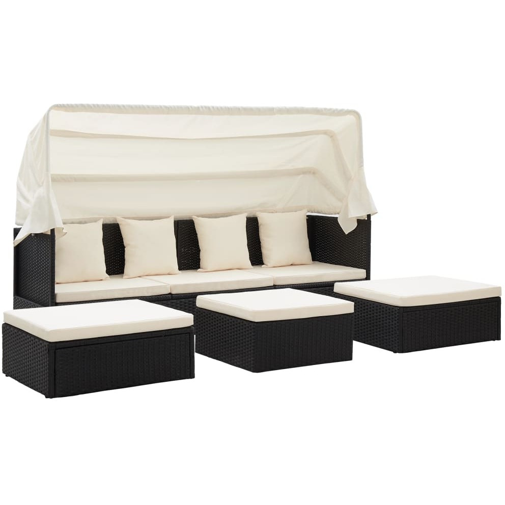 Vidaxl Patio Lounge Bed With Roof Black Poly Rattan