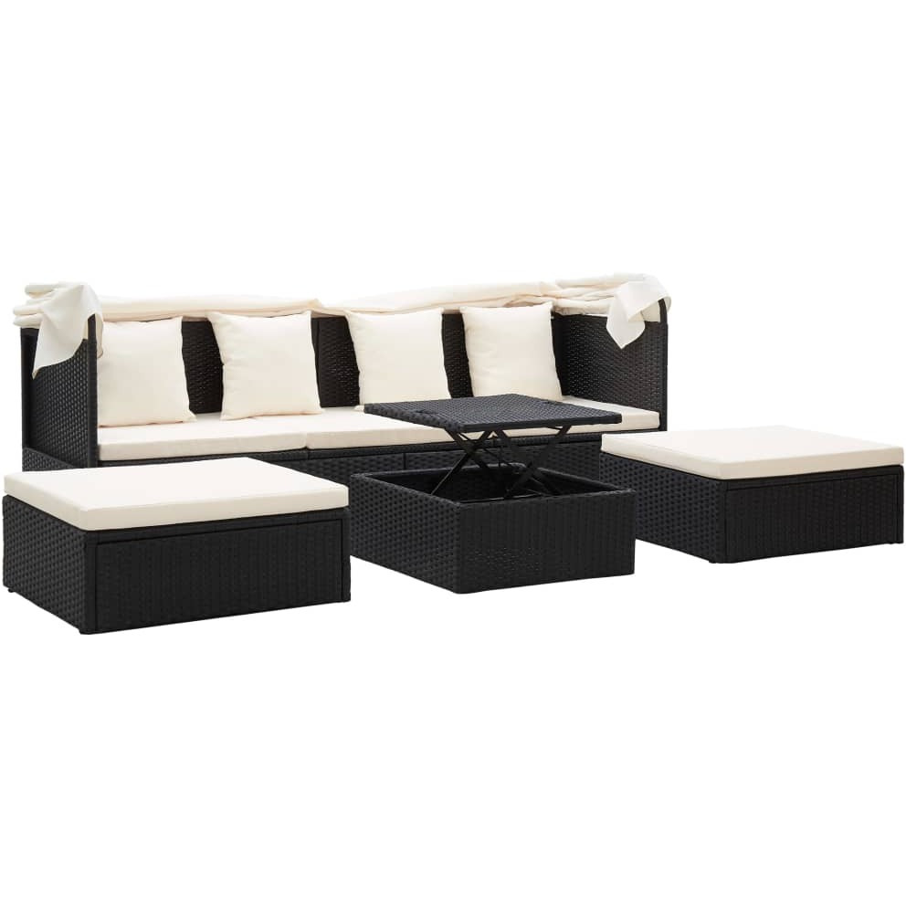 Vidaxl Patio Lounge Bed With Roof Black Poly Rattan