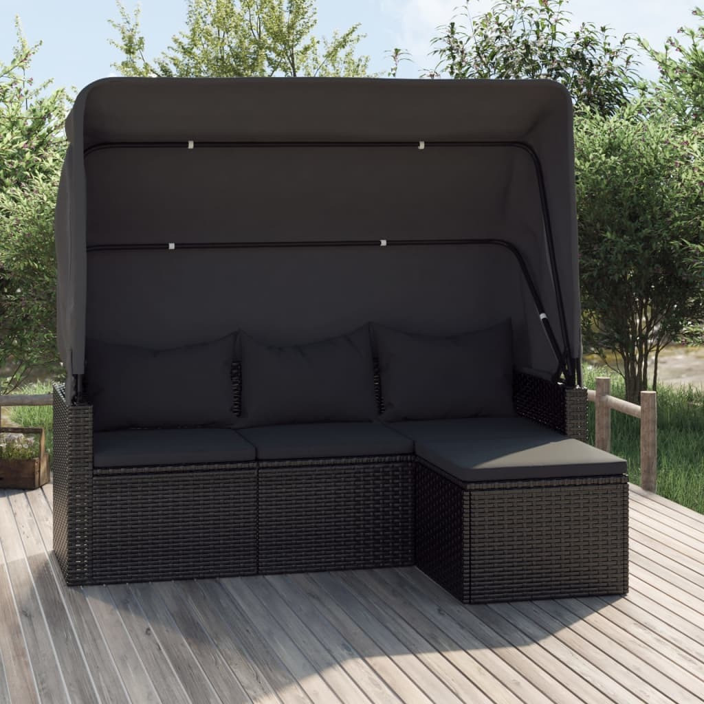 Vidaxl 3-Seater Patio Sofa With Roof And Footstool Black Poly Rattan