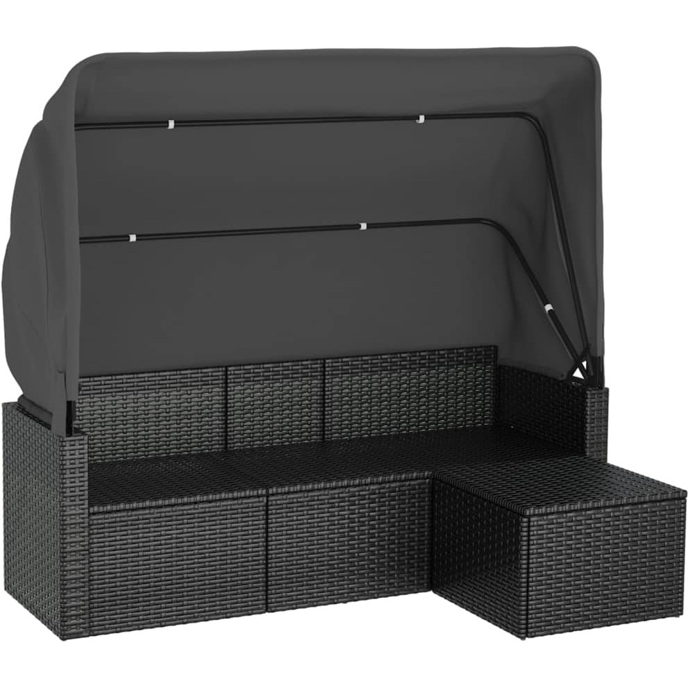 Vidaxl 3-Seater Patio Sofa With Roof And Footstool Black Poly Rattan