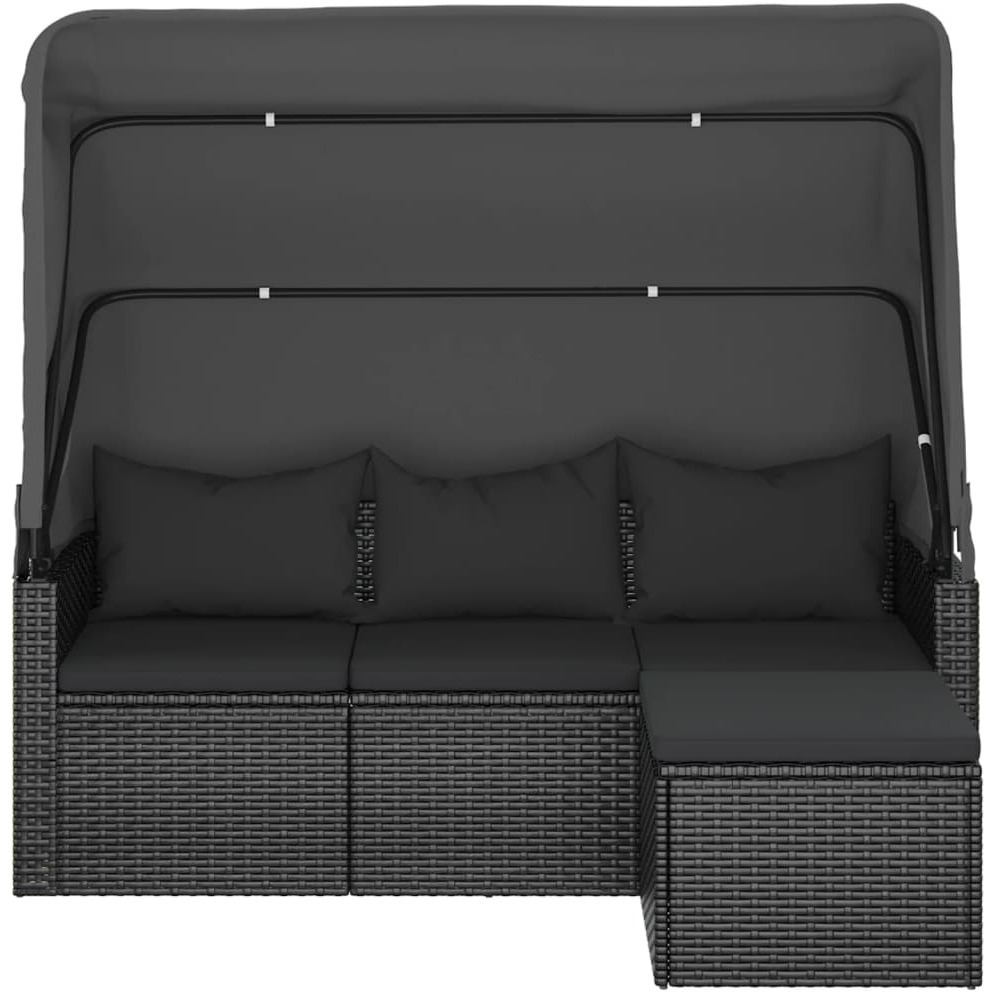 Vidaxl 3-Seater Patio Sofa With Roof And Footstool Black Poly Rattan