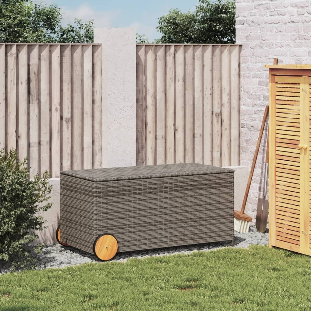 Vidaxl Garden Storage Box With Wheels Gray 50.2 Gal Poly Rattan