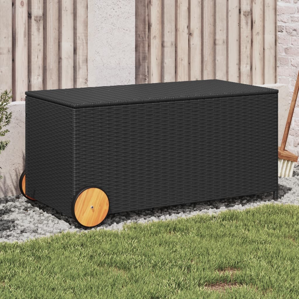 Vidaxl Garden Storage Box With Wheels Black 50.2 Gal Poly Rattan