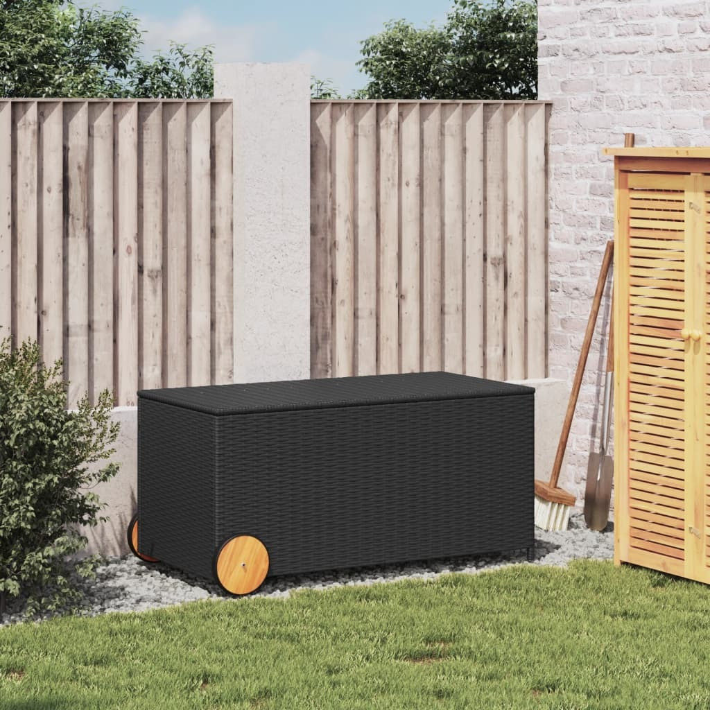 Vidaxl Garden Storage Box With Wheels Black 50.2 Gal Poly Rattan