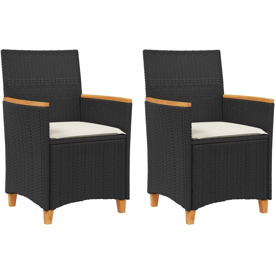 Vidaxl Patio Chairs With Cushions 2 Pcs Black Poly Rattan&Solid Wood