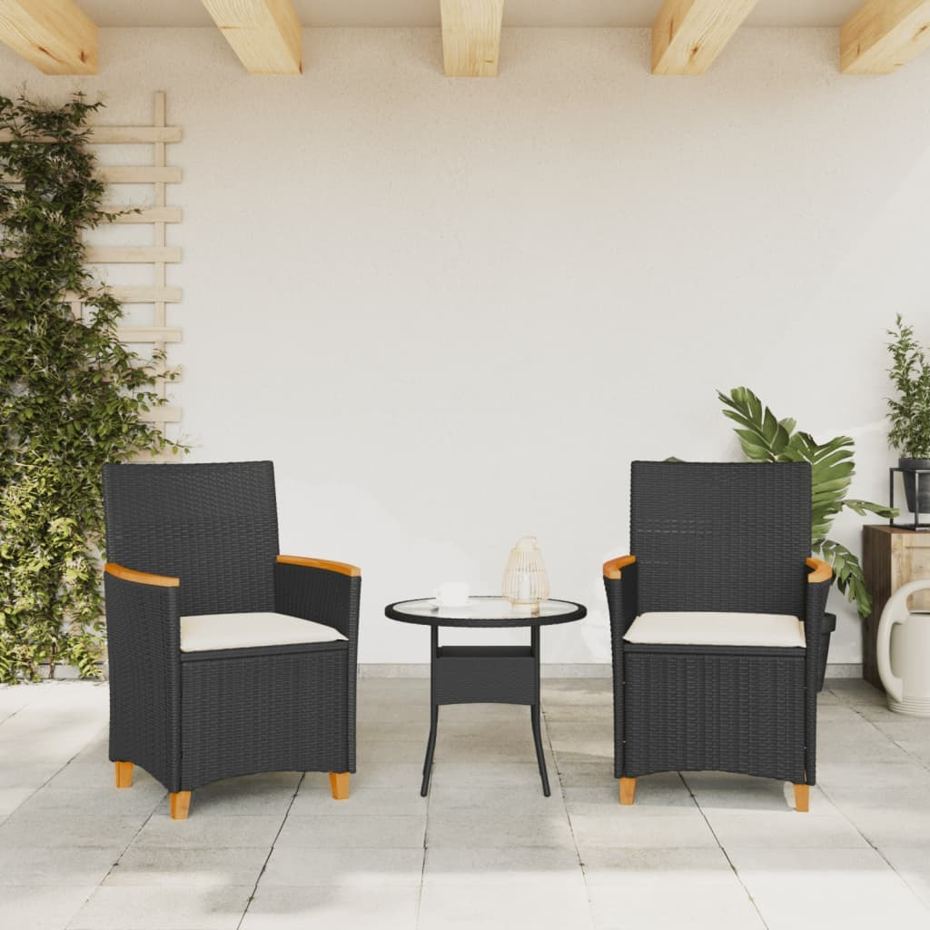 Vidaxl Patio Chairs With Cushions 2 Pcs Black Poly Rattan&Solid Wood