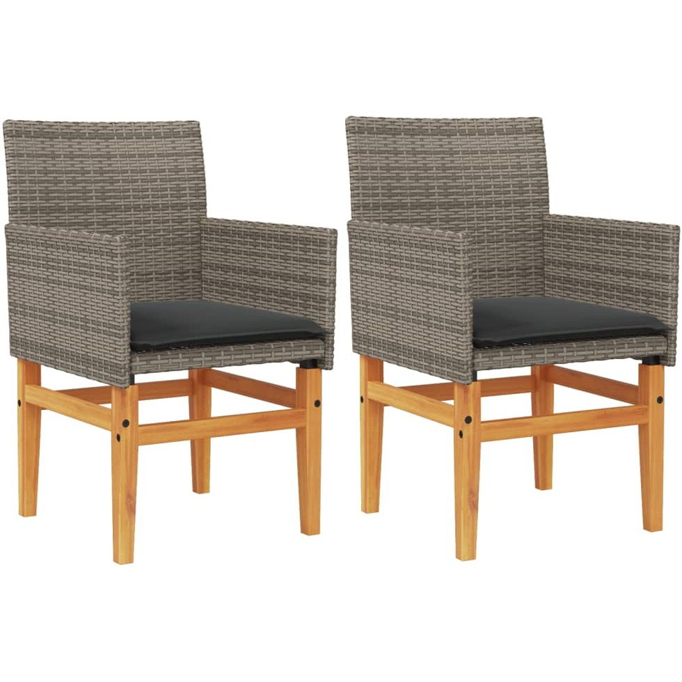 Vidaxl Patio Chairs With Cushions 2 Pcs Gray Poly Rattan&Solid Wood