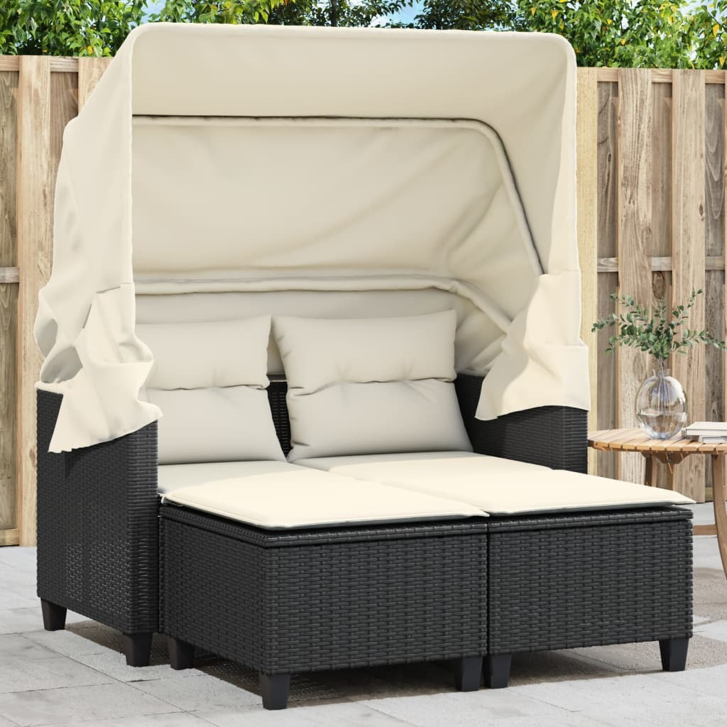 Vidaxl Patio Sofa 2-Seater With Canopy And Stools Black Poly Rattan
