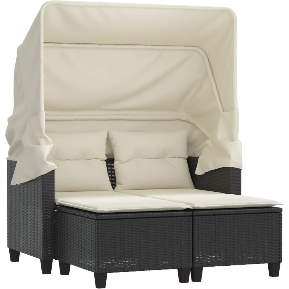 Vidaxl Patio Sofa 2-Seater With Canopy And Stools Black Poly Rattan