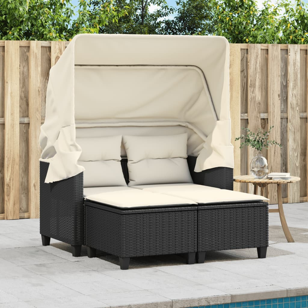 Vidaxl Patio Sofa 2-Seater With Canopy And Stools Black Poly Rattan