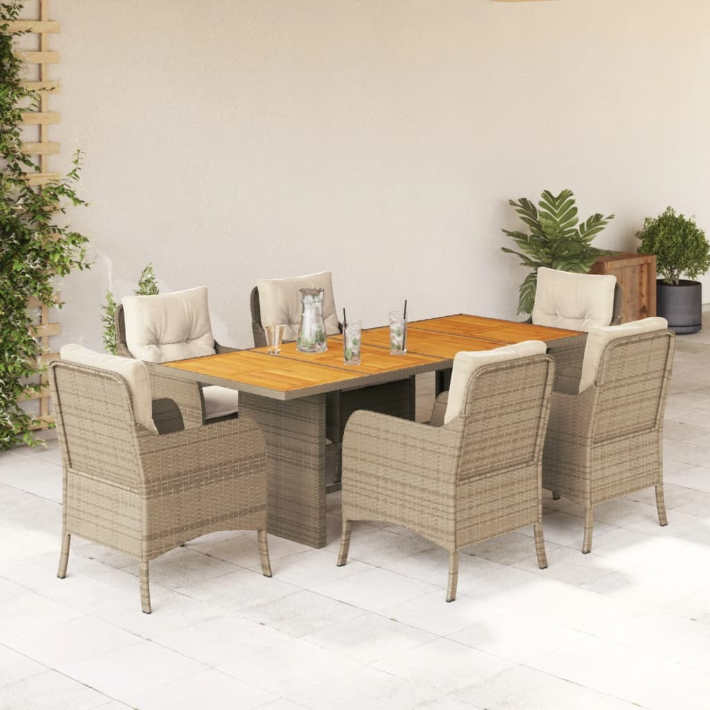 Vidaxl 7 Piece Patio Dining Set With Cushions Beige Poly Rattan