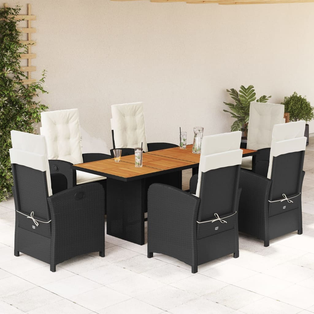 Vidaxl 7 Piece Patio Dining Set With Cushions Black Poly Rattan