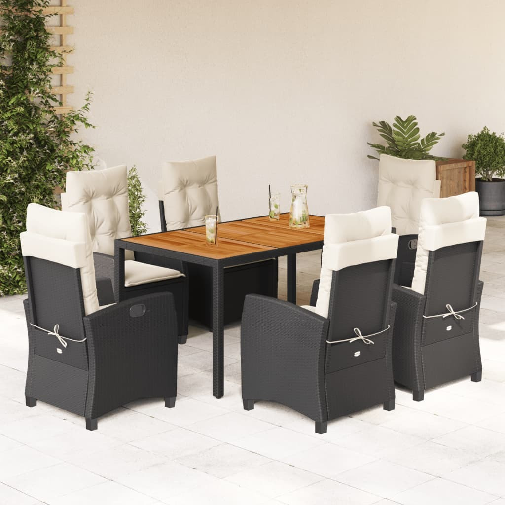 Vidaxl 7 Piece Patio Dining Set With Cushions Black Poly Rattan