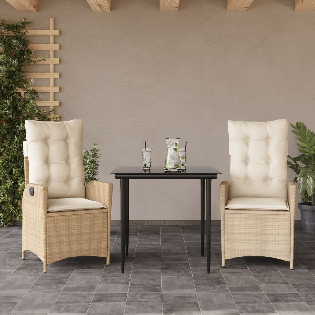 Vidaxl 3 Piece Patio Dining Set With Cushions Beige Poly Rattan