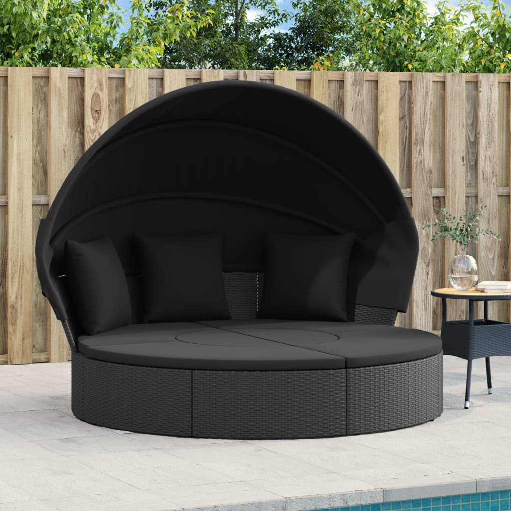 Vidaxl Patio Lounge Bed With Canopy And Cushions Black Poly Rattan