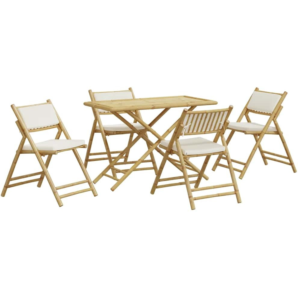 Vidaxl 5 Piece Folding Bistro Set With Cream White Cushions Bamboo