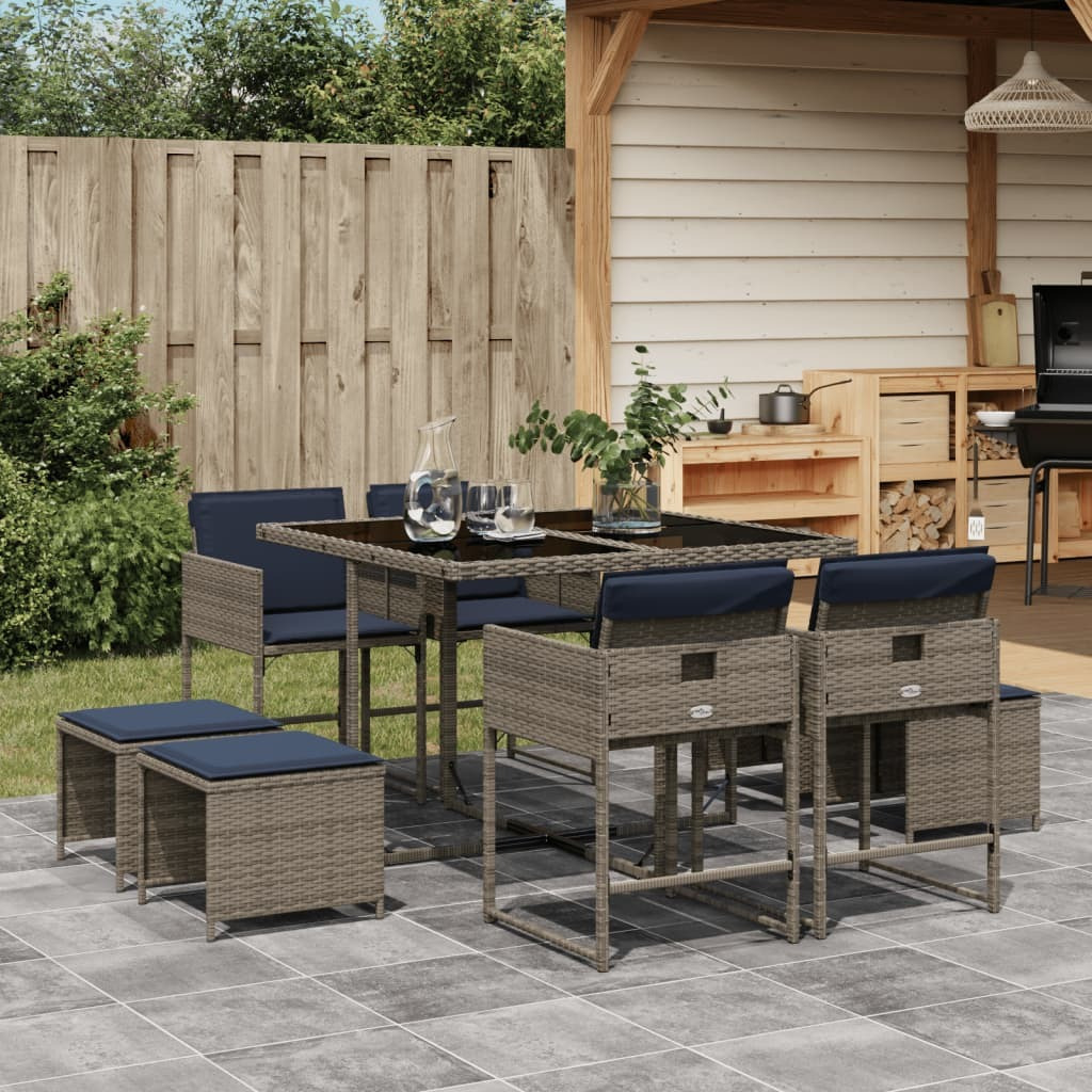 Vidaxl 9 Piece Patio Dining Set With Cushions Gray Poly Rattan
