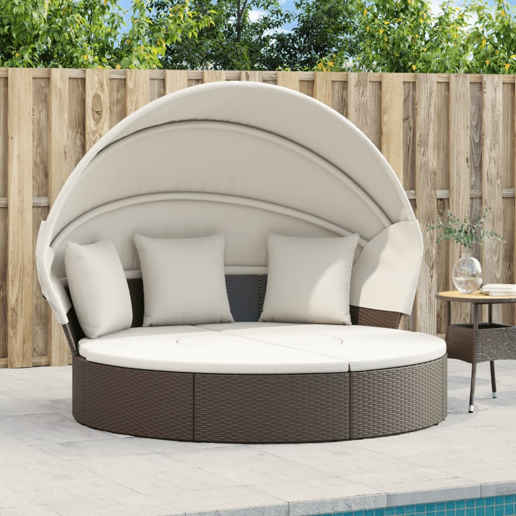 Vidaxl Patio Lounge Bed With Canopy And Cushions Brown Poly Rattan