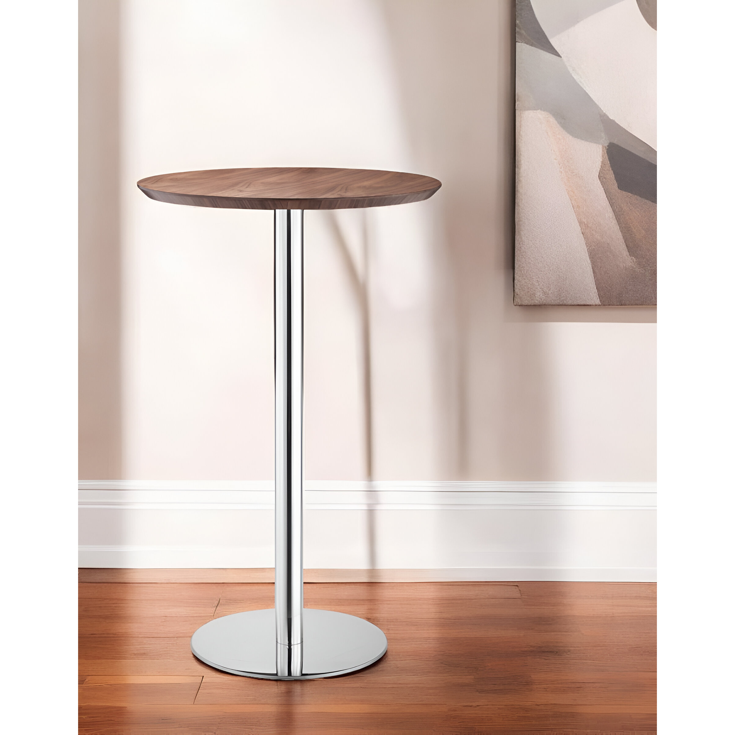 26"" Brown And Silver Round Stainless Steel Pedestal Bar Table