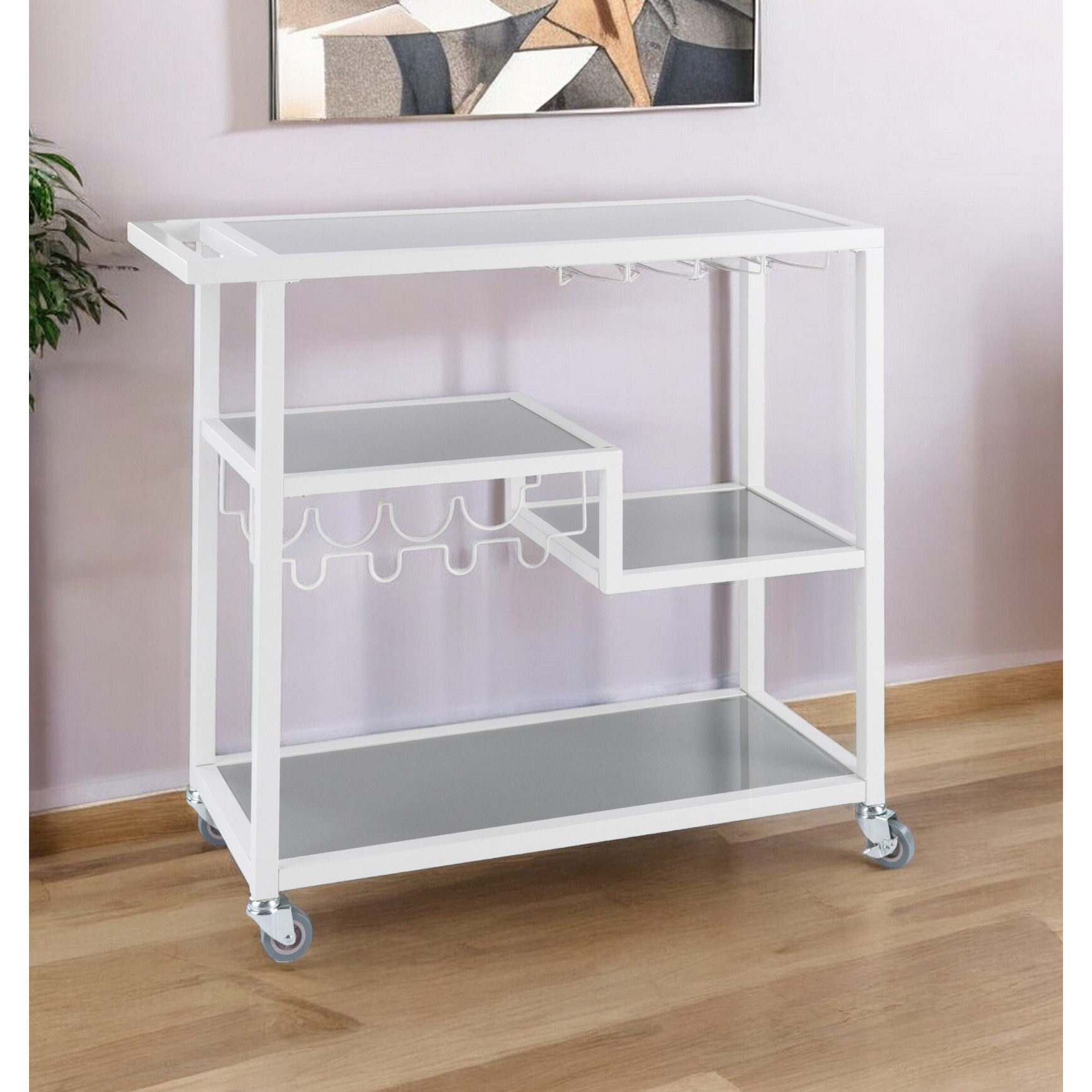 Gray And White Metal And Glass Rolling Bar Cart With Wine Storage