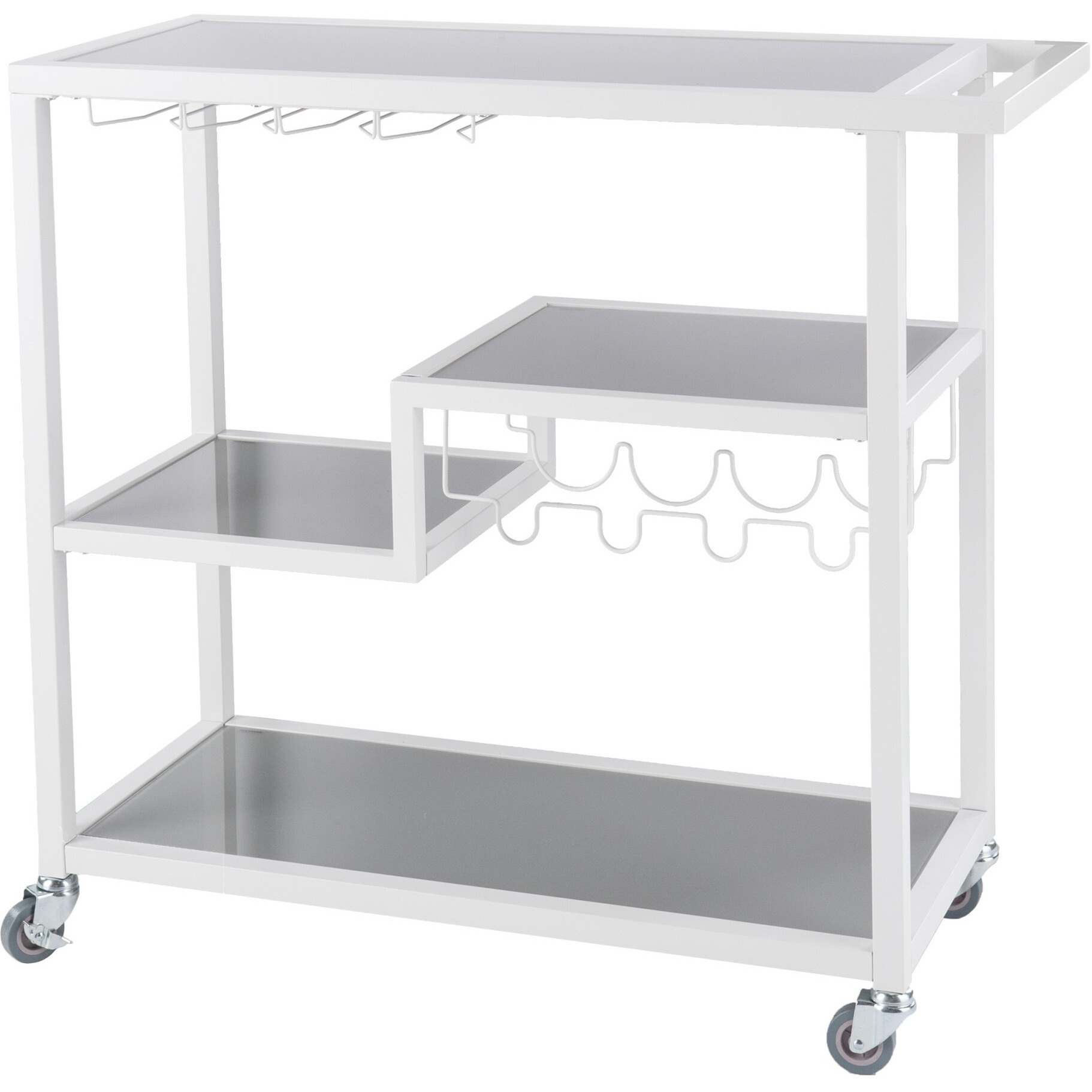 Gray And White Metal And Glass Rolling Bar Cart With Wine Storage