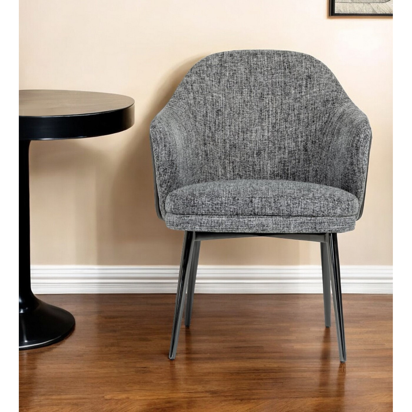 Gray And Black Upholstered Fabric And Faux Leather Wing Back Dining Arm Chair