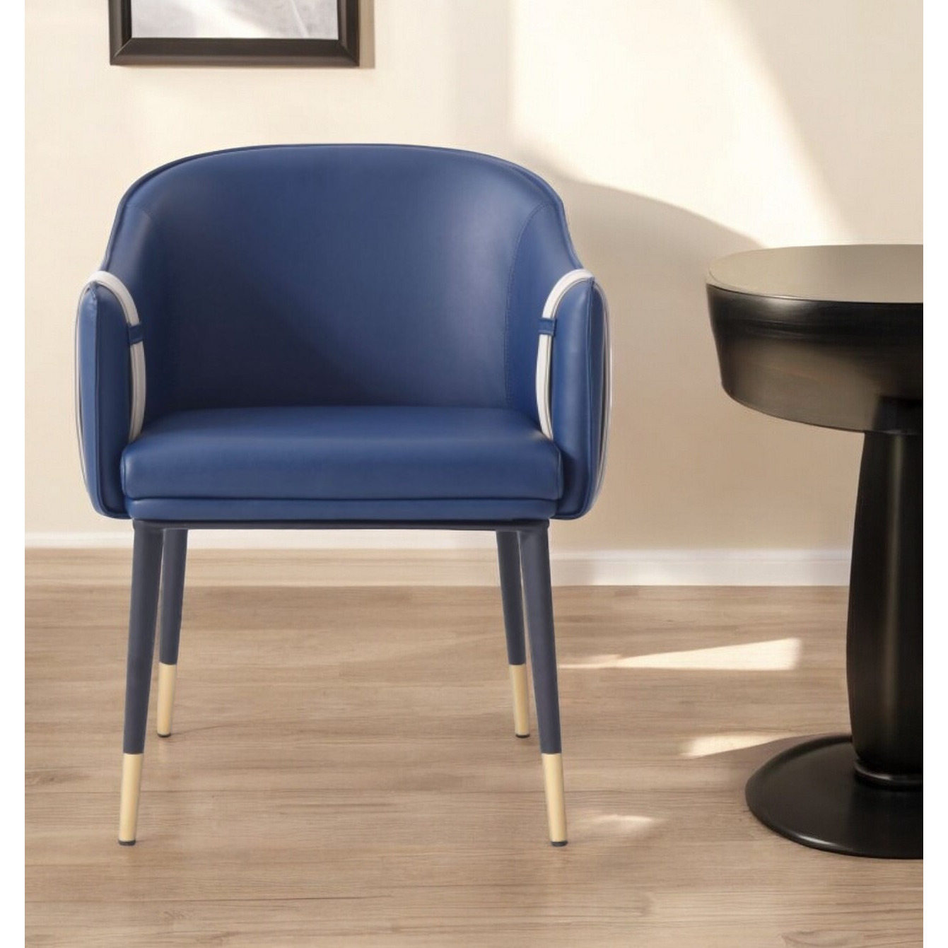 Blue And Beige And Black Upholstered Faux Leather Dining Arm Chair