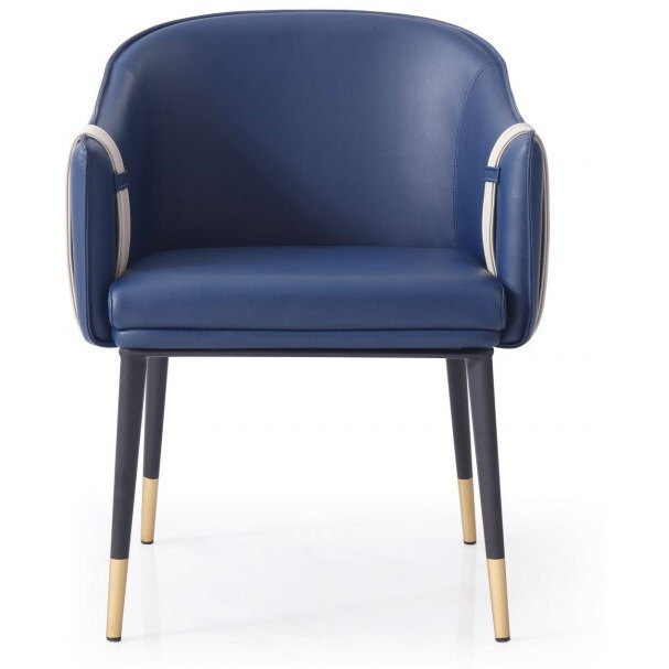Blue And Beige And Black Upholstered Faux Leather Dining Arm Chair