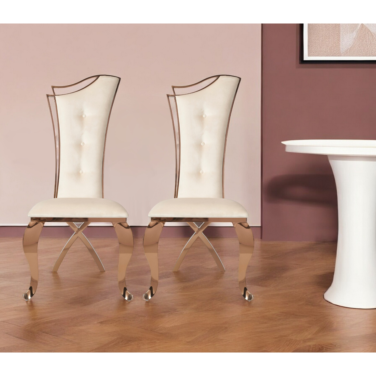 Set Of Two Tufted Beige And Rose Gold Upholstered Velvet Dining Side Chairs
