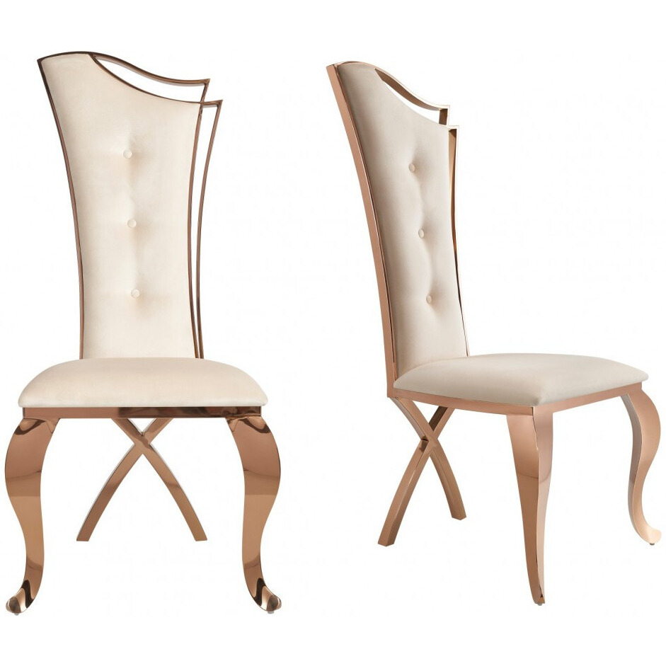 Set Of Two Tufted Beige And Rose Gold Upholstered Velvet Dining Side Chairs