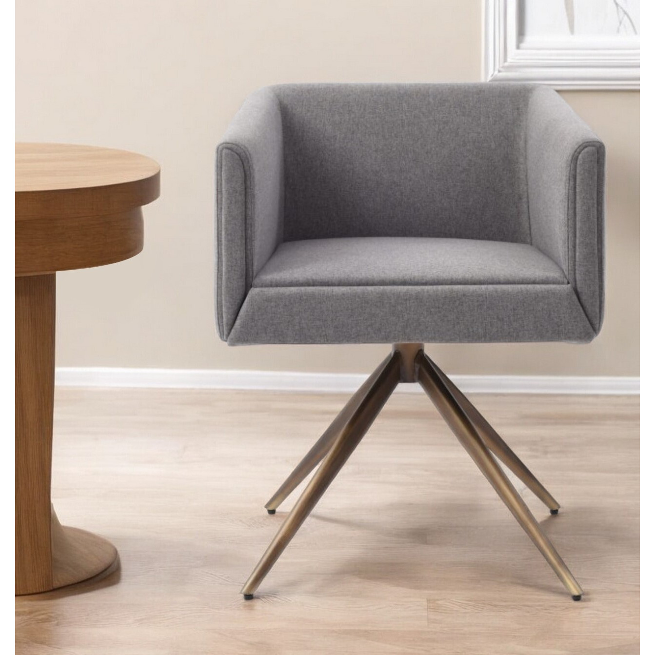 Dark Gray And Brass Upholstered Fabric Dining Arm Chair