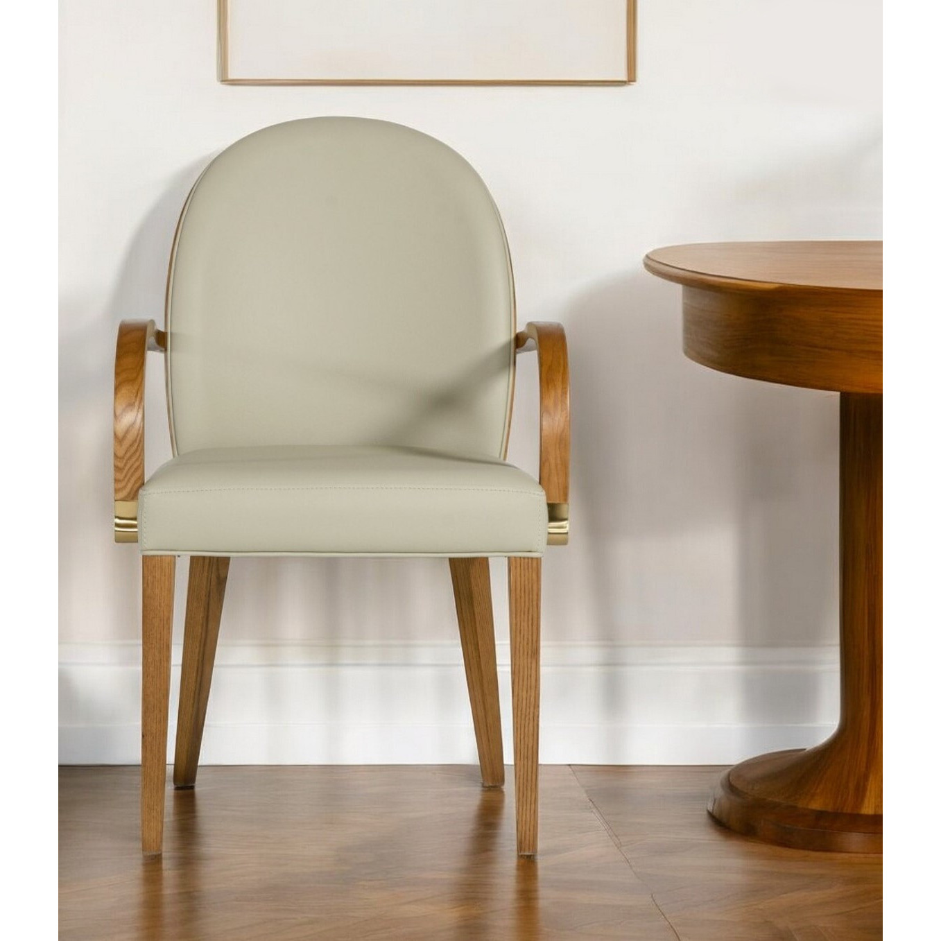 Gray And Brown Upholstered Faux Leather Dining Arm Chair