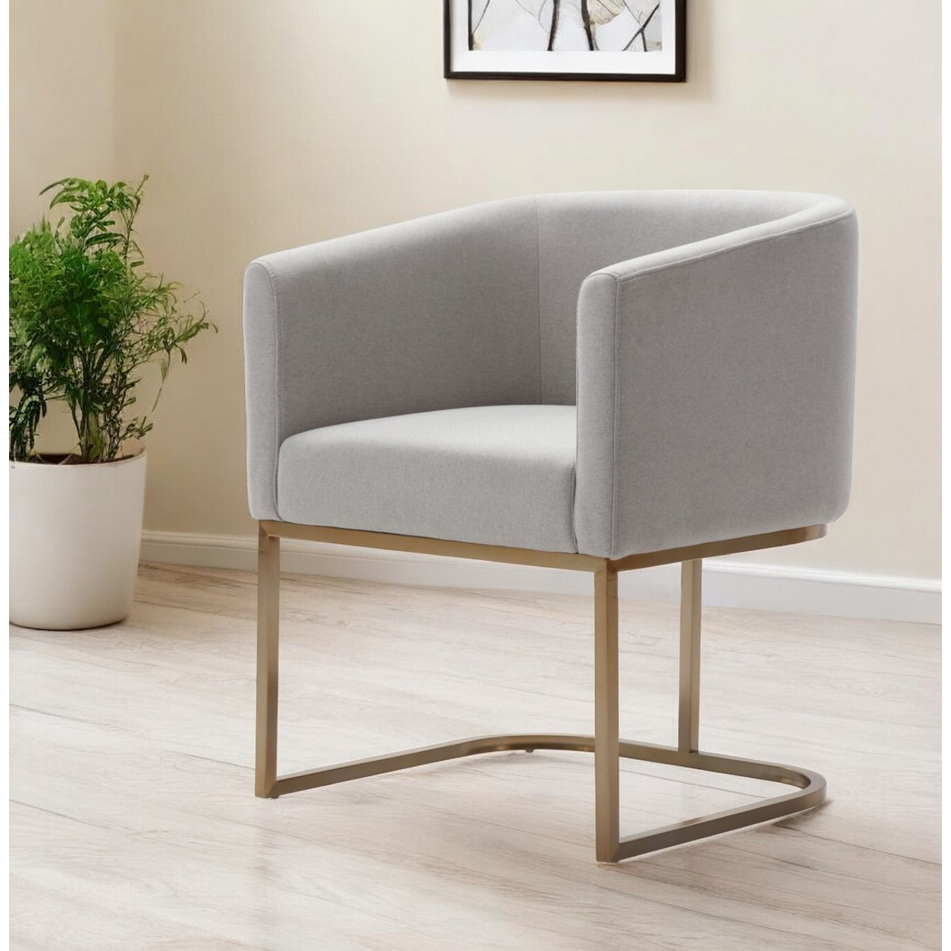 Light Gray And Antiqued Brass Upholstered Fabric Dining Arm Chair