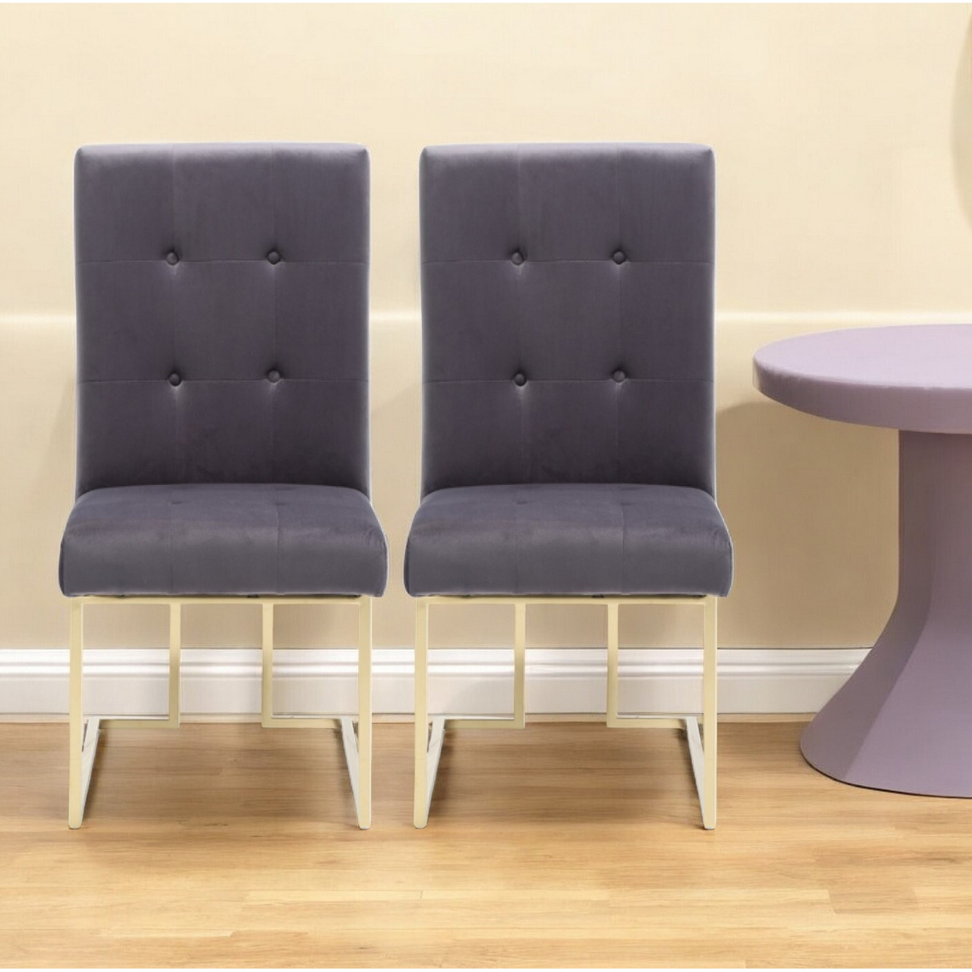 Set Of Two Tufted Gray And Gold Upholstered Fabric Dining Side Chairs