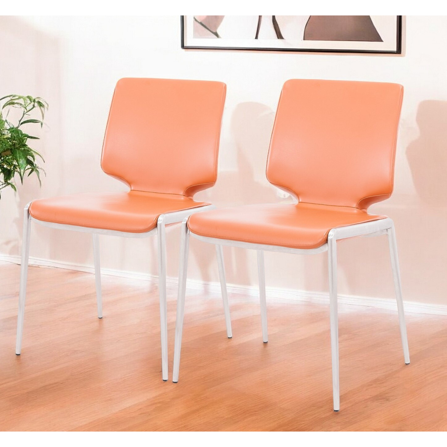 Set Of Two Terra Cotta And Silver Upholstered Faux Leather Dining Side Chairs
