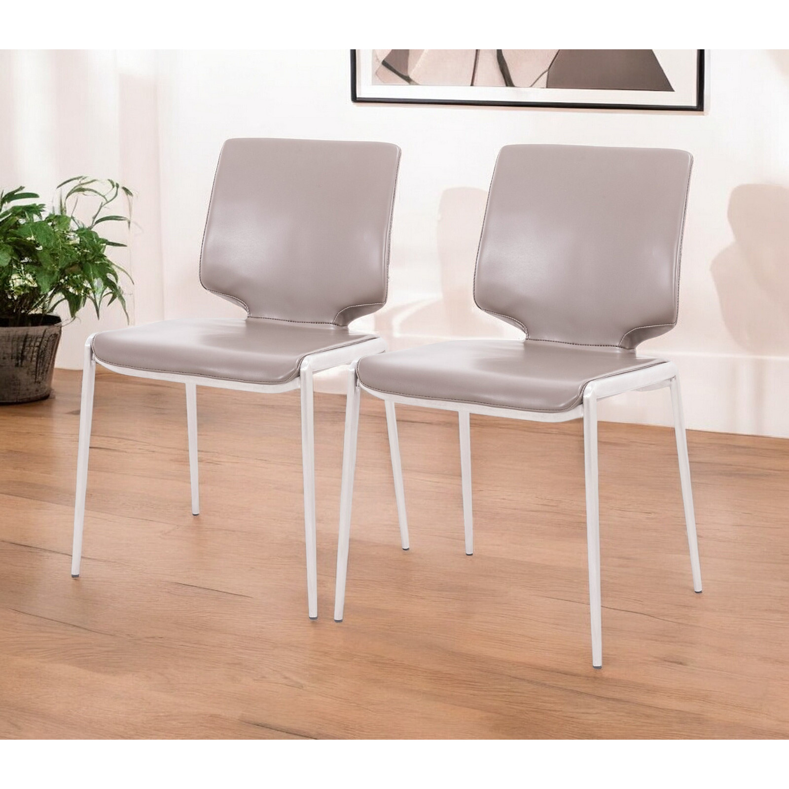 Set Of Two Dark Gray And Silver Upholstered Faux Leather Dining Side Chairs