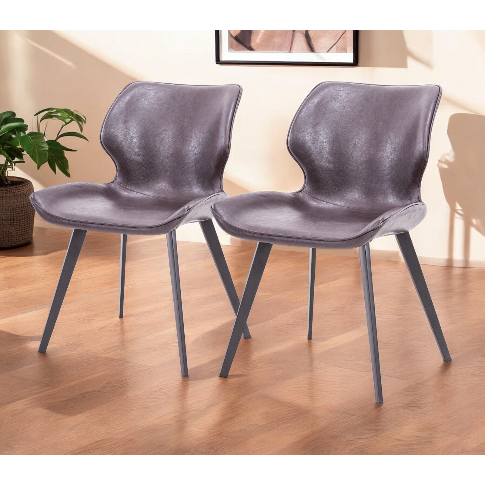 Set Of Two Dark Brown And Black Upholstered Faux Leather Dining Side Chairs